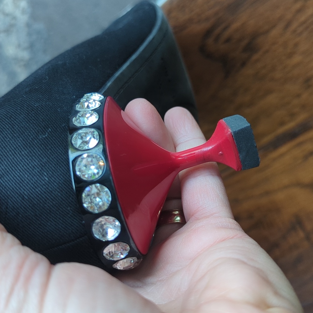 Miu Miu Black Lace-Up Ankle Heels with Red Accents and Crystal Trim - Picture 7 of 13